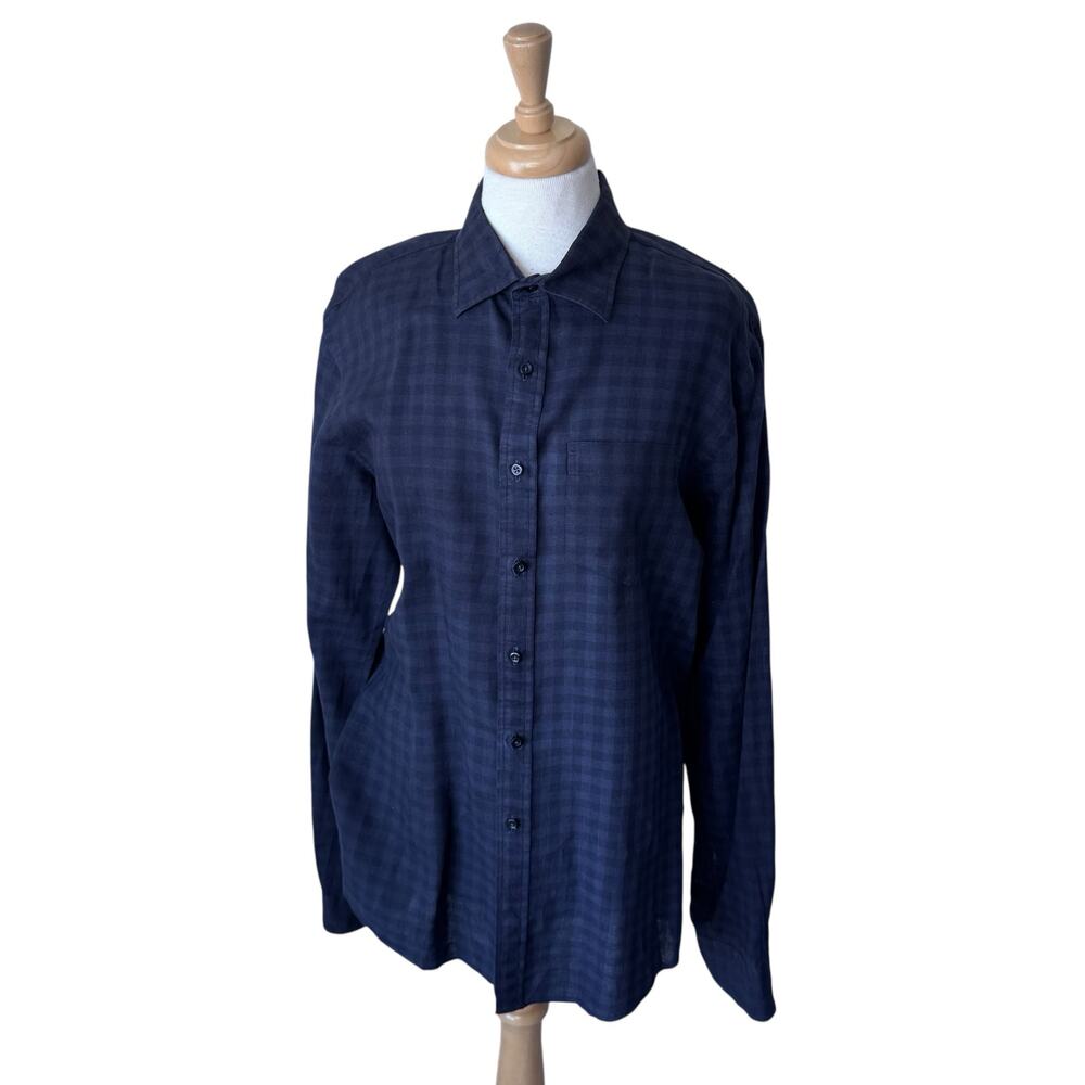 GRAHAME G FOWLER Linen Plaid Navy Blue Button Up Size XL